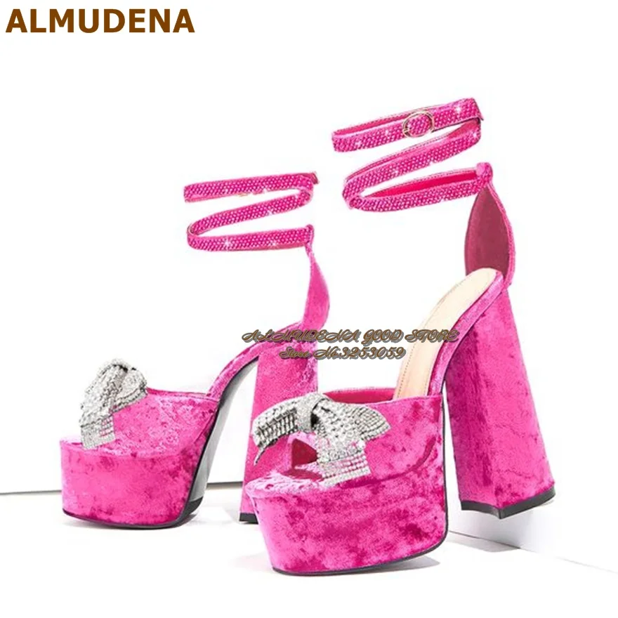 

ALMUDENA Hot Pink Velvet Chunky Heel Sandals Bling Bling Crystal Butterfly-Knot Wedding Shoes Platform Glitter Strap Dress Pumps