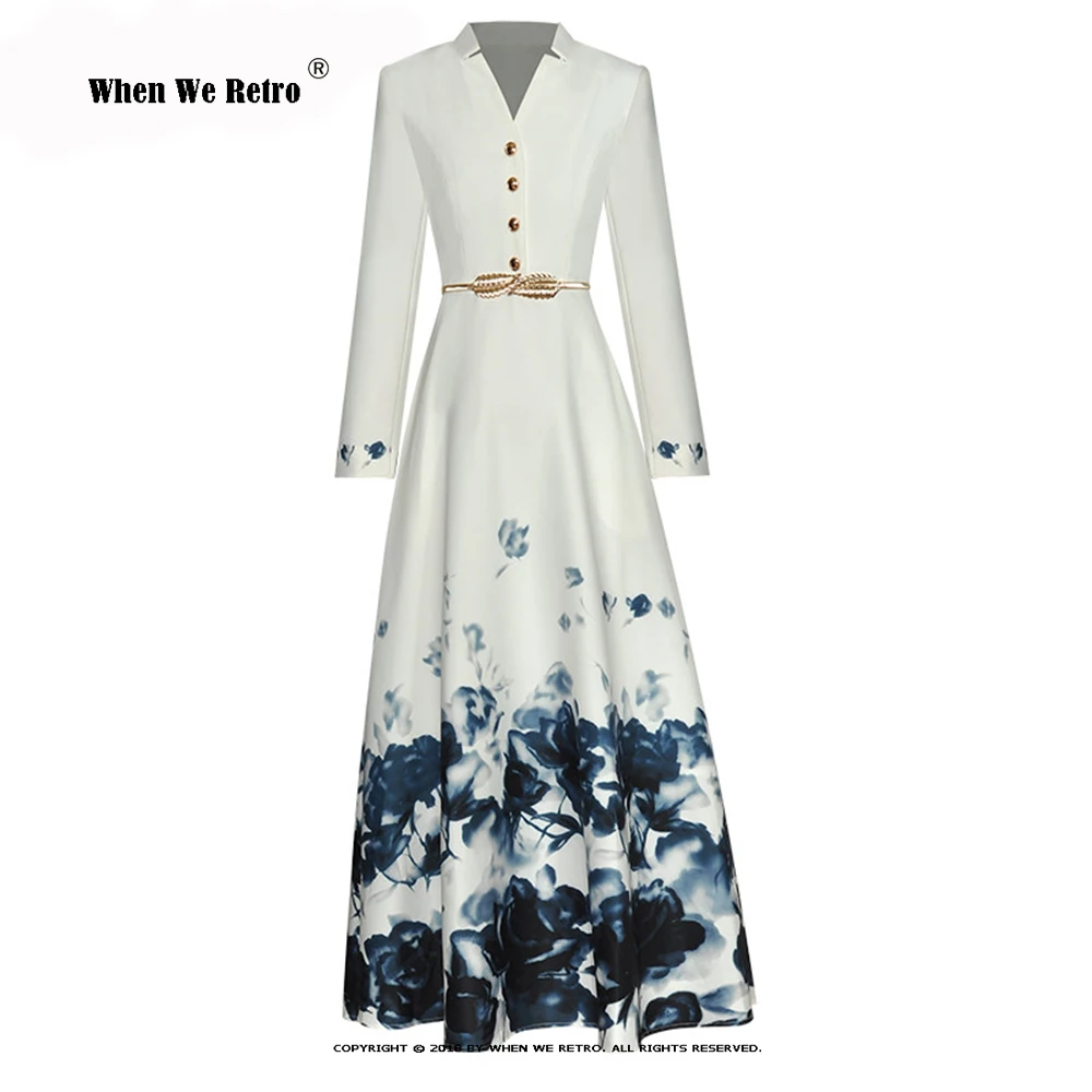 

Fashion Runway Winter Spring Dress Women V-neck Belted Floral Print Long Sleeve Wrist Casual Long Dresses Party Vestidos VP0207