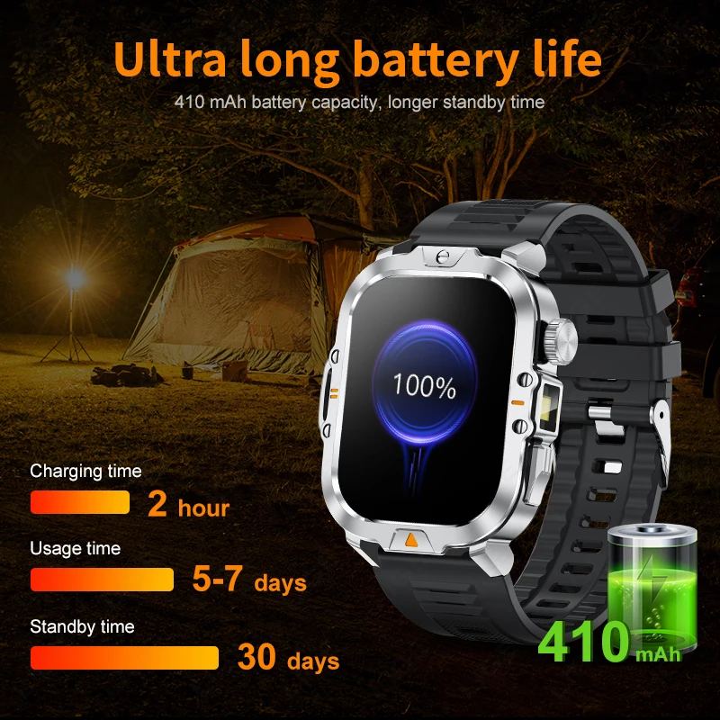 LIGE 2.01 Inch LED Flashlight Smart Watch 410mAh Large Battery IP68 Waterproof 100+ Sports Modes Military Outdoor New Smartwatch