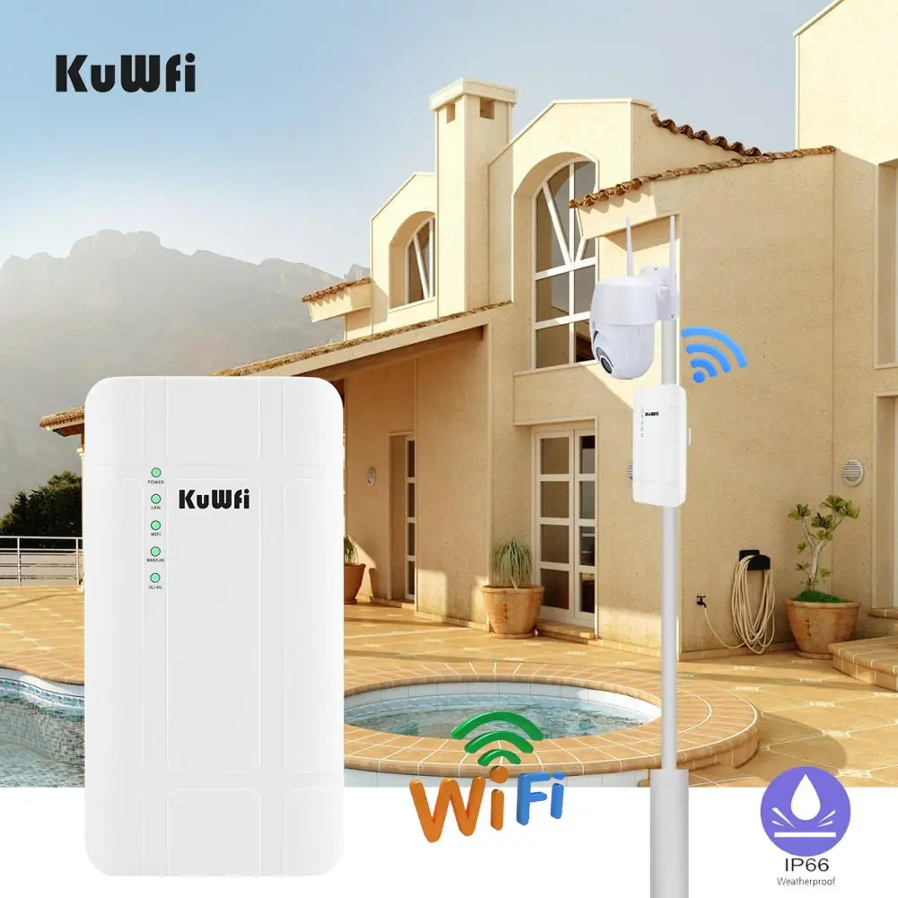 KuWFi 야외 4G LTE 라우터, 고전력 300Mbps 무선 CPE 라우터, CAT4 와이파이 라우터, 24V POE 어댑터, IP 카메라용
