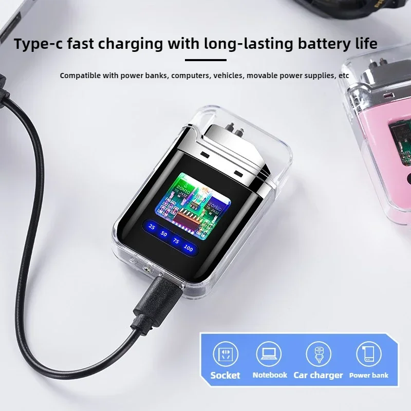 Encendedor eléctrico de doble arco a prueba de viento para exteriores, encendedor recargable por USB, pantalla de batería de Plasma tipo C, regalos para hombres 1 Encendedor eléctrico de doble arco Encendedor eléctrico de doble arco a prueba de viento para exteriores, encendedor recargable por USB, pantalla de batería de Plasma tipo C, regalos para hombres