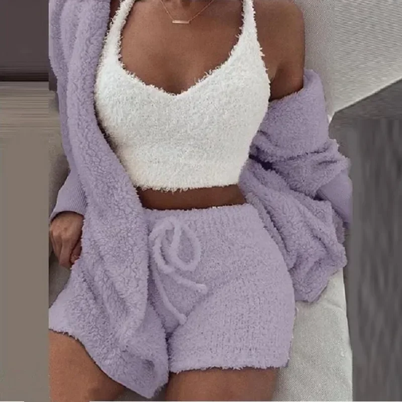 

Fluffy Pajamas Set for Women Casual Sleepwear Tank Top and Shorts Plus Size Hoodie Leisure Homsuit Winter Teddy 3 Pieces Pijamas