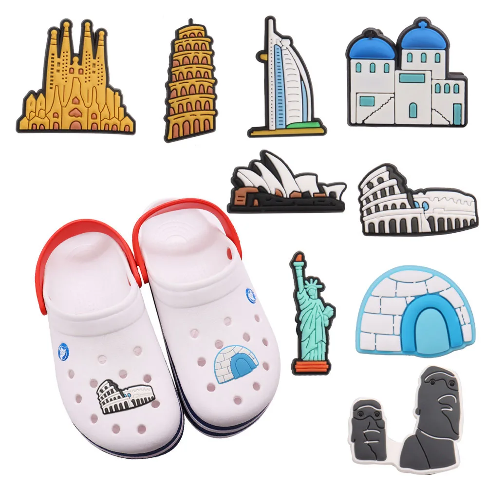 

Mix 50PCS PVC Buckle Clog Croc Jibz Places of Historic Interest Ice Castle Slipper Accessories Decorations for Bands Kids Gift