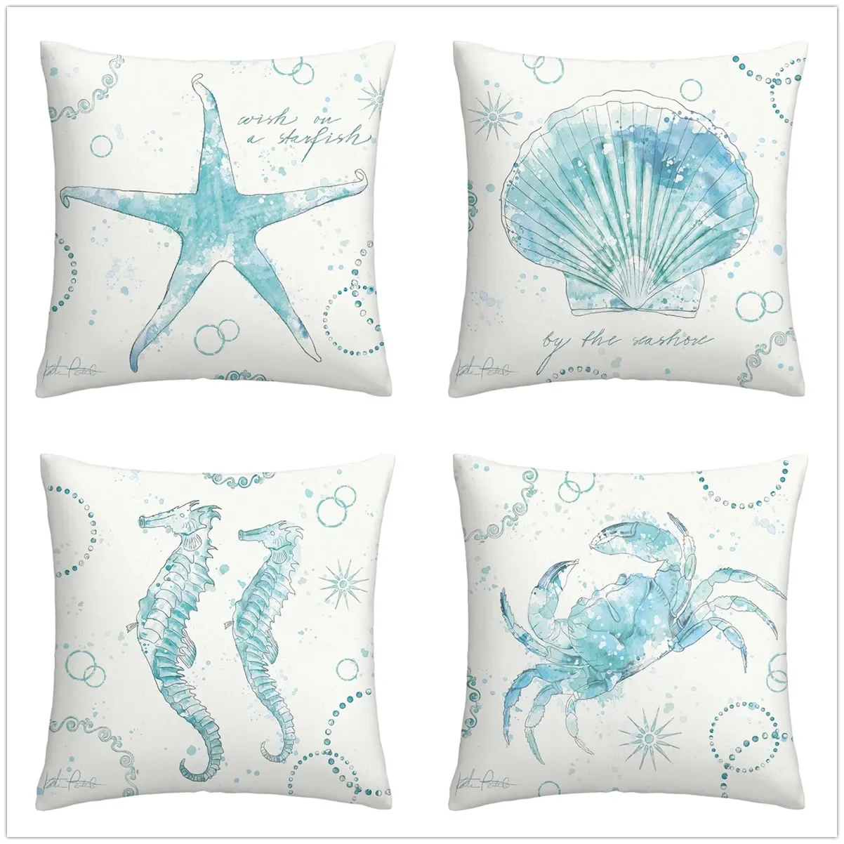 

Cyan Sea Creature Painting Linen Pillow Cover Upholstery Living Room Sofa Upholstery Cushion Cover Home Decor Cushion Cover