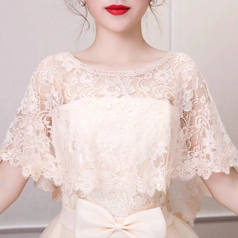 여성 빈티지 전체 꽃무늬 레이스 케이프 랩 라운드 넥 크로셰 쉬어 숄 슈러그 S..