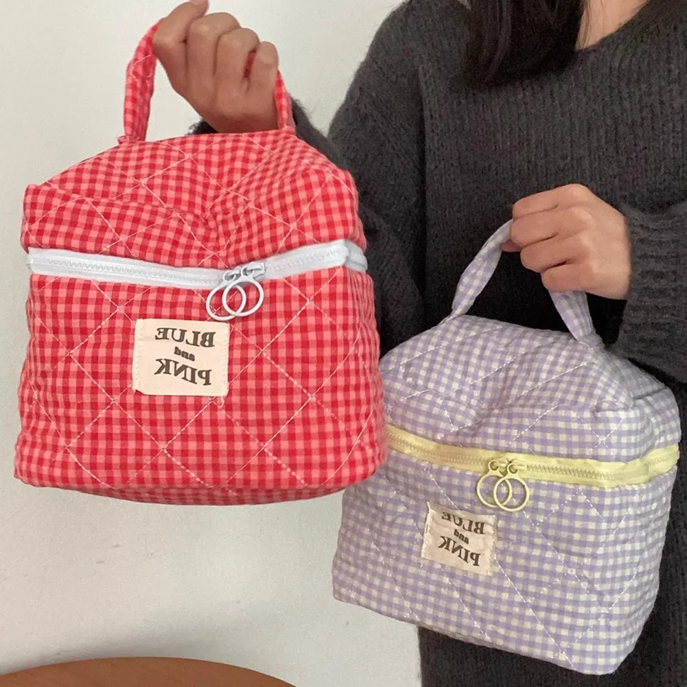 Casual Women Cosmetic Pouch Large Capacity Travel Storage Bag Sweet Plaid Ladies Makeup Bag Cotton Checkered Travel Toiletry Bag 3