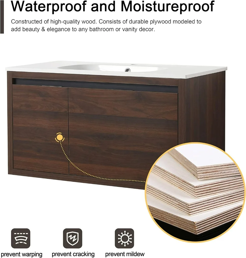 36" Floating Bathroom Vanity with Sink, 36 Inch Single Sink Wall Mounted Bathroom Vanity, with 1 Door and 1 Drawer, Basin Sink 6