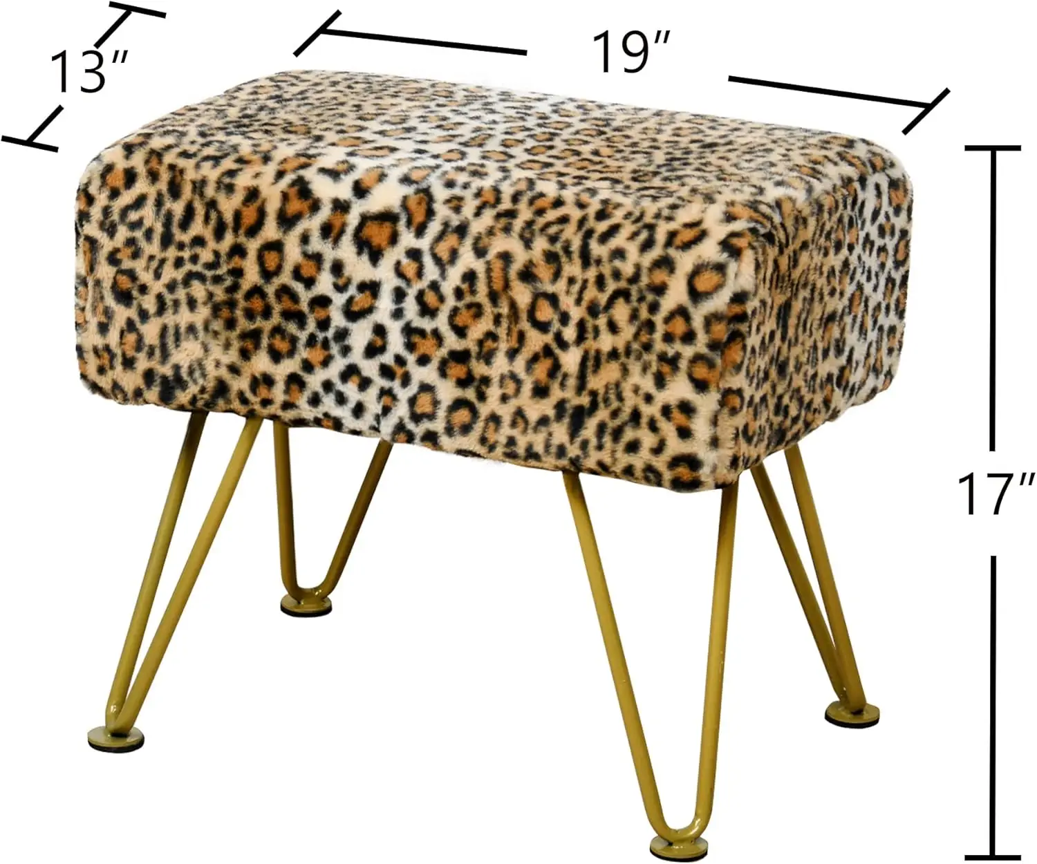 Leopard-Print Rectangle Faux Fur Ottoman Soft Fuzzy Entryway Bench Seat 19"x13"x17" Sturdy Accent Coffee Table