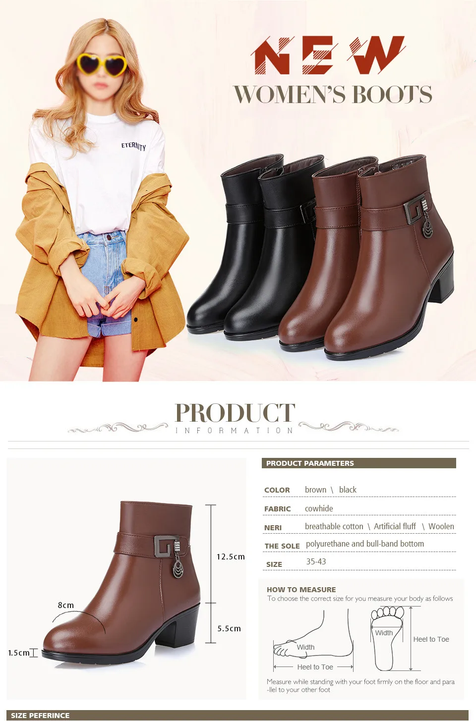 Winter Wool-Lined Genuine Leather Boots – Large Size Ankle Snow Boots
