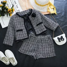 

Baby Girl Winter Clothes Sets Autumn Kids Fashion Check Cardigan Jacket With shorts 2 Piece 3-7 Years Children Princess Outfit