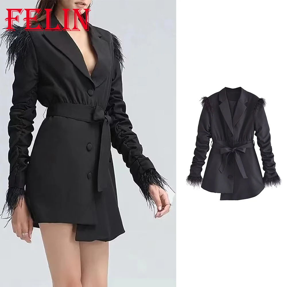 TRAF 2022 Autumn Woman Fashion Casual Woman Blazer Solid Black Feathers Belt Jacket Loose Fit Vintage Buttons Coat  Chic Tops