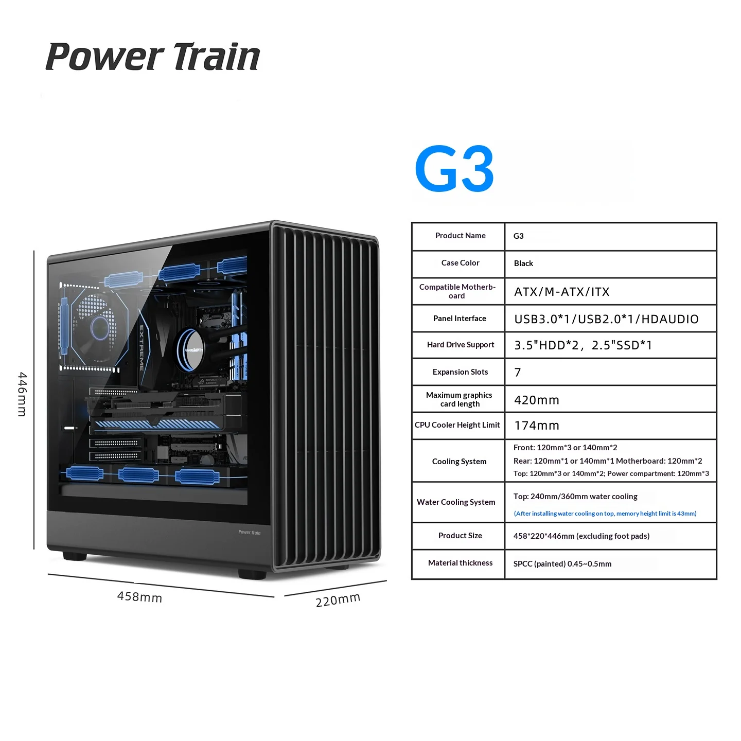 파워트레인 젠지 G3 데스크탑 컴퓨터 ATX 글래스 측면 노출 메쉬 360mm 수냉식 G1 게이밍 컴퓨터 케이스