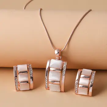 Ladies Rectangular Opal Necklace & Earrings Jewelry Set Rhinestone Imitation Gemstone Pendant Stud Birthday