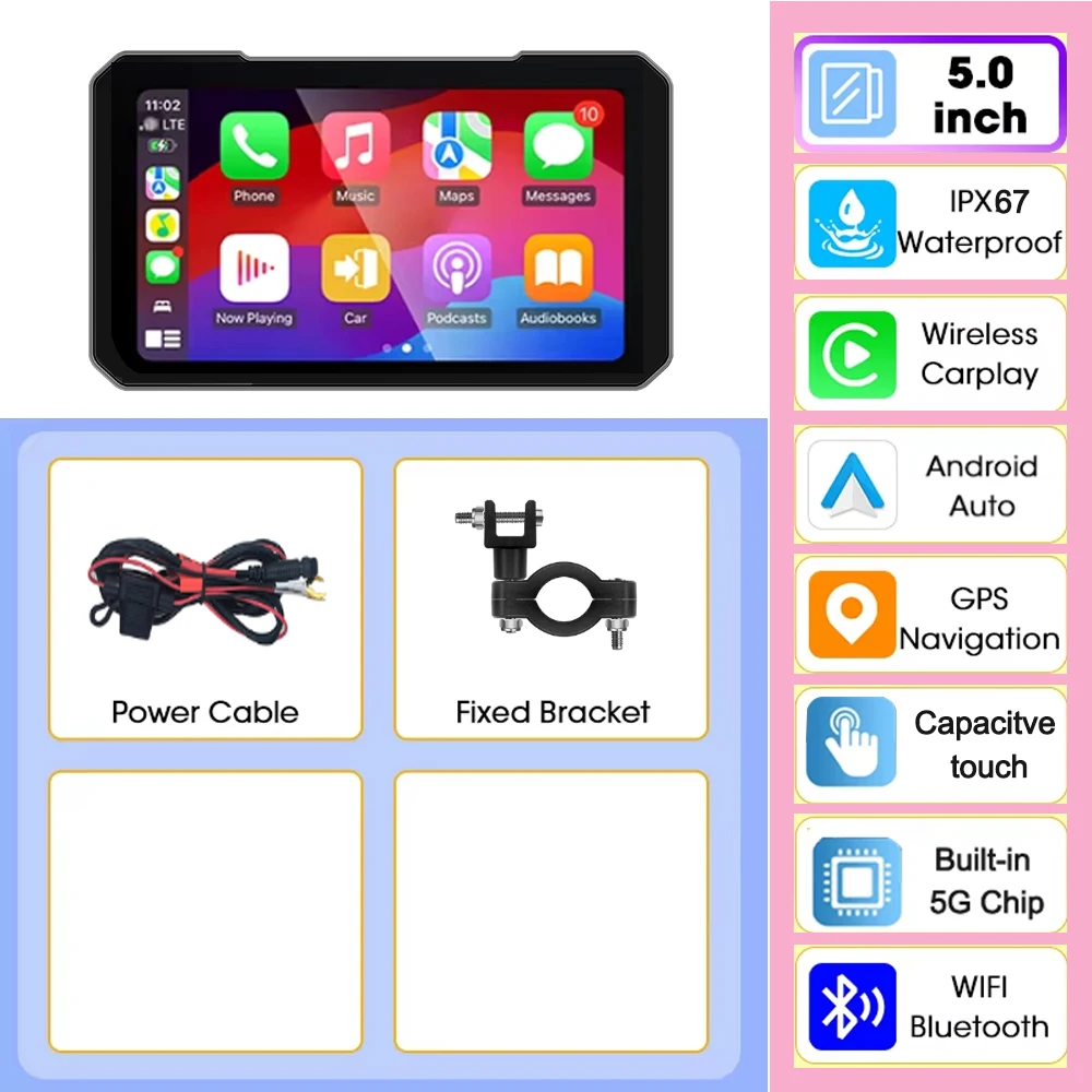 מסך תצוגה לאופנוע בגודל 5 אינץ 'עם Carplay, ניווט מוטו נייד דיגיטלי לוח מחוונים מוטובייק אנדרואיד אוטו