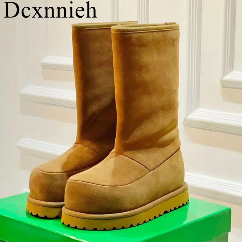 

New Cow Suede Round Toe Wool Lining Snow Boots Women Thick Heels Fur Mid-Calf Boots Winter Outwear Non-slip Warm Half Boots
