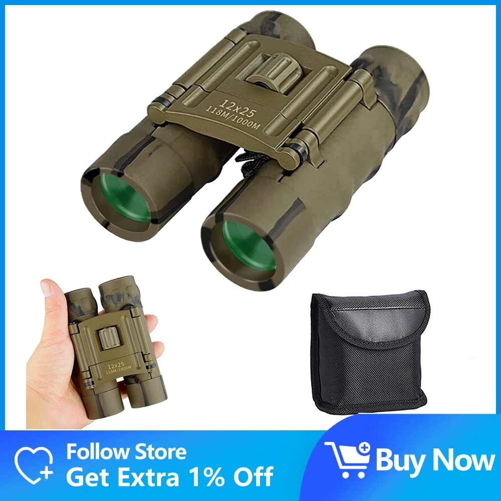 

12x25 Compact Binoculars Clear Low Light Vision, Large Eyepiece Waterproof, High Power Easy Focus Binoculars for Sightseeing