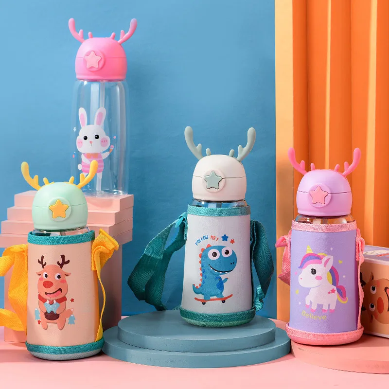 500ml Baby Kids Lovely Cup Toddler Infant Cartoon Deer Children Learn Drinking Straw Bottle With Insulated Bag Newborn Sippy Cup