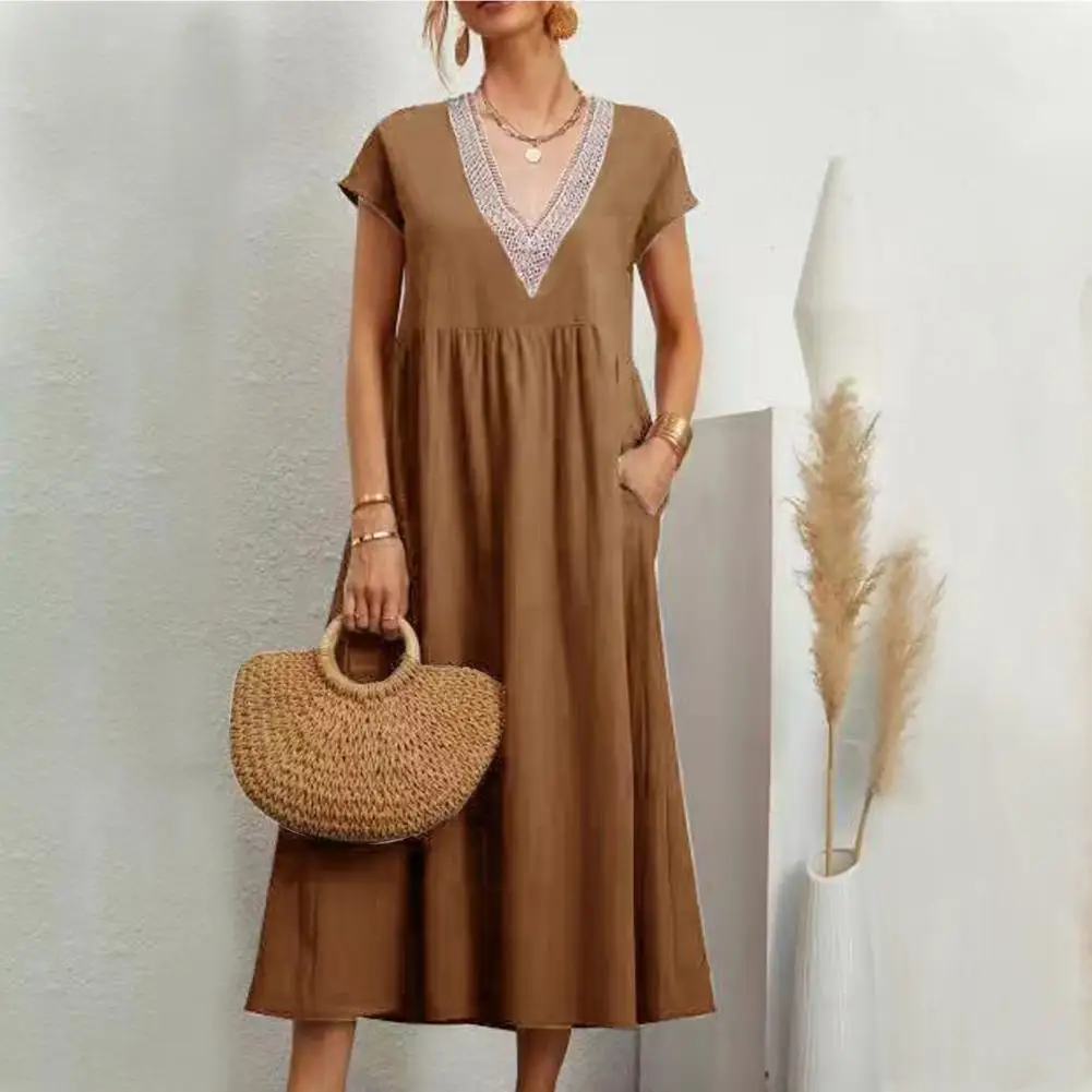 

Short Sleeve Lace Splicing Dress Retro Simple Dress V Neck A-line Pleated Summer Dress with Soft Pockets Mid-calf for Women