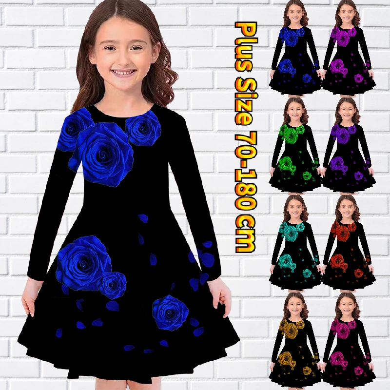 

2022 Autumn Winter Girls Vintage Long Sleeve Skirt Little Girls Round Neck Knee Skirt Fashion Floral Print Loose Princess Skirt