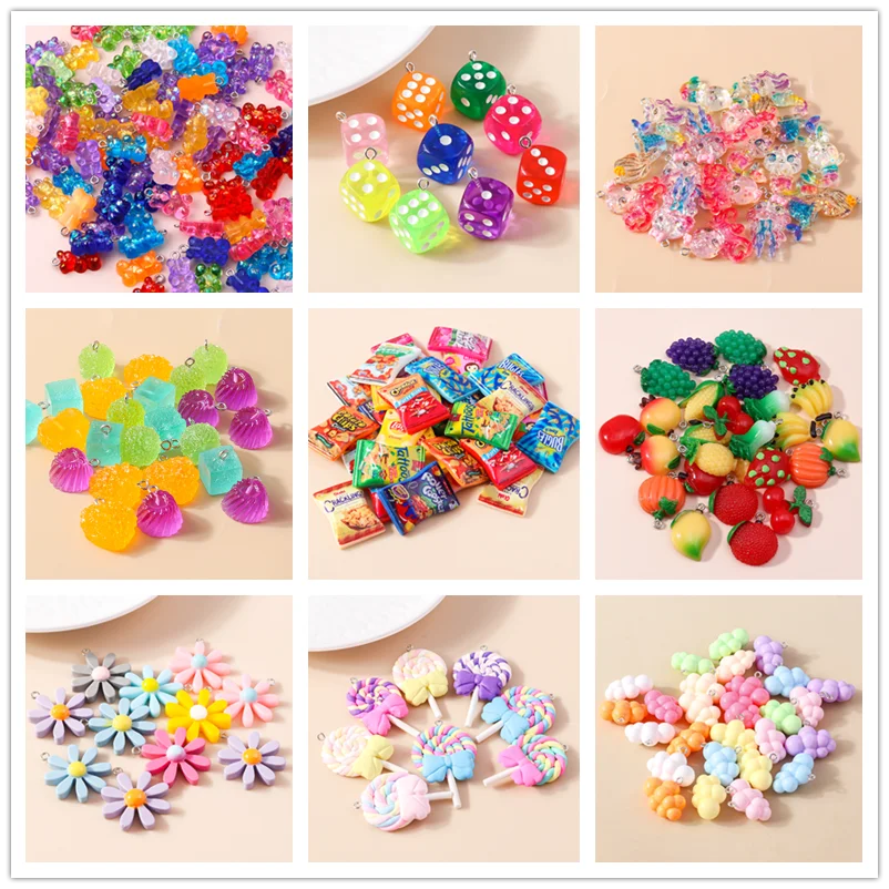 

Aihua 10pcs Mix Kawaii Cartoon Resin Fruits Cloud Bear Chip Flower Charm Pendant for Earring Bracelet DIY Jewelry Making Supply