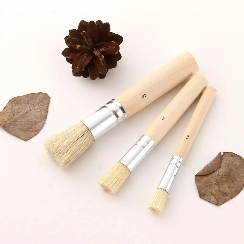 

3pcs Wooden Stencil Brush Hog Bristle Brush Set Wooden Handle Aluminum Tube Template Round Head for Oil Watercolor Painting