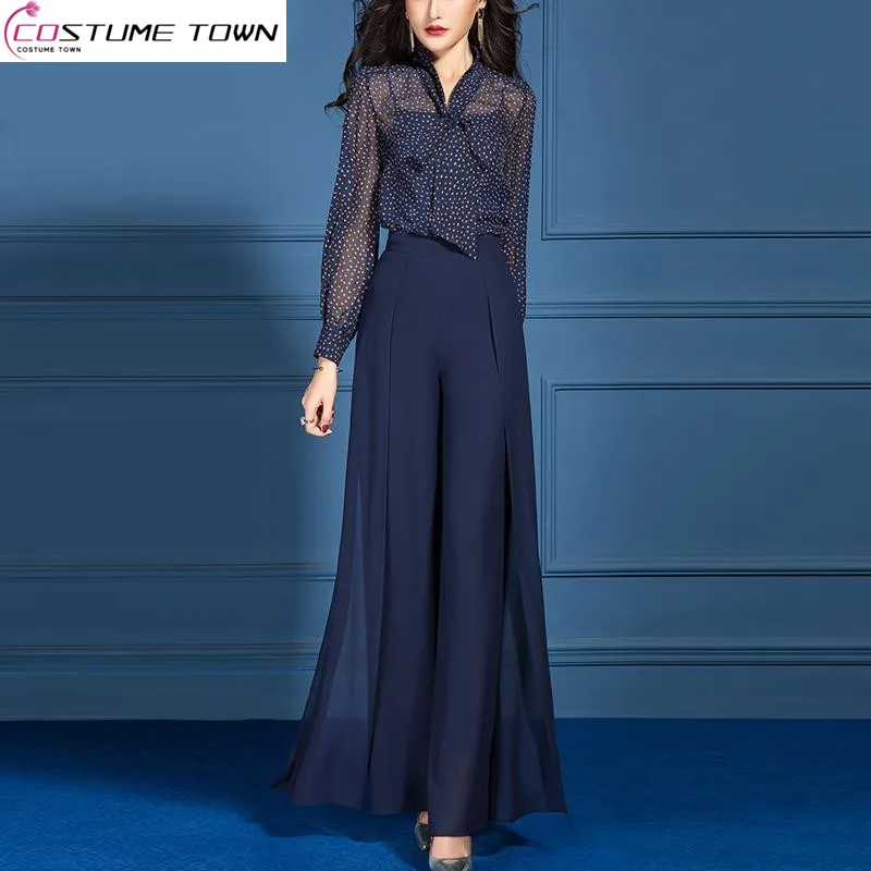 Fashion Set Women's Spring/Summer 2023 New Age Reducing and Slimming Style Goddess Fan Chiffon Wide Leg Pants Two Piece Set