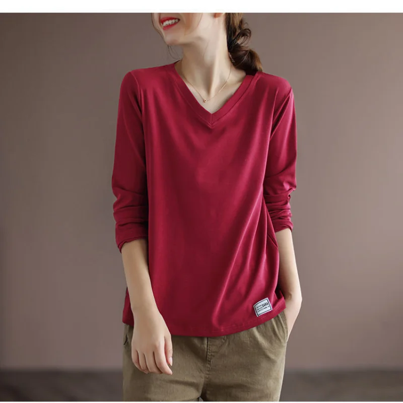 thumbnail image 1 of Camisetas de mujer, primavera 2022, camisetas lisas con parte inferior, camisetas de manga larga con cuello en V para mujer, camisetas de gran tamaño, ropa recién llegada, 1 of 5