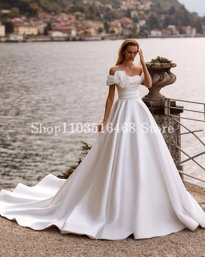 

Elegant One Shoulder Wedding Dress 2024 Luxury White Satin Corset Sweet Train Formal Long Bridal Robes De Soirée