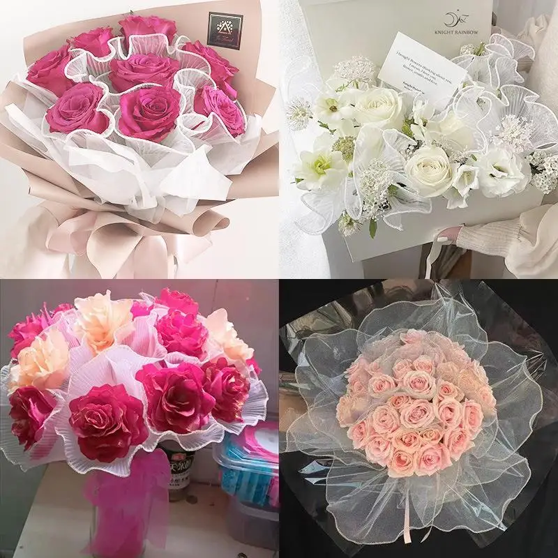 Elegant Pearl Wave Yarn Flower Wrapping Paper - Lace Mesh Bouquet Gift Packaging Decor (28cm x 4 yards)