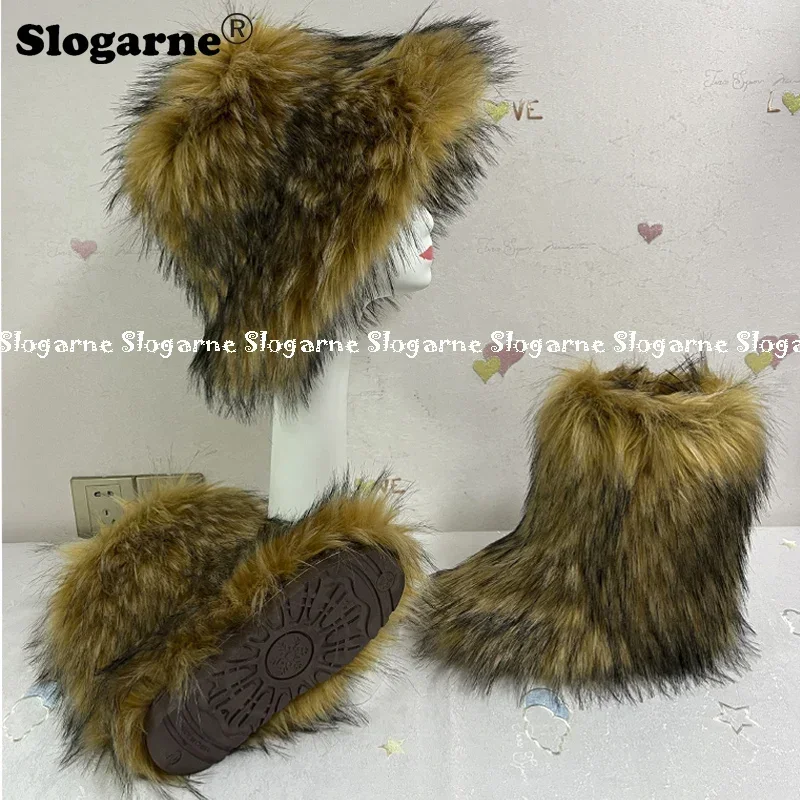 

New Racoon Fur Hats Women's Winter Faux Fur Snow Boots Fur Shoes Girls Fluffy Boots Luxurey Furry Fur Bucket Hats Headband Caps