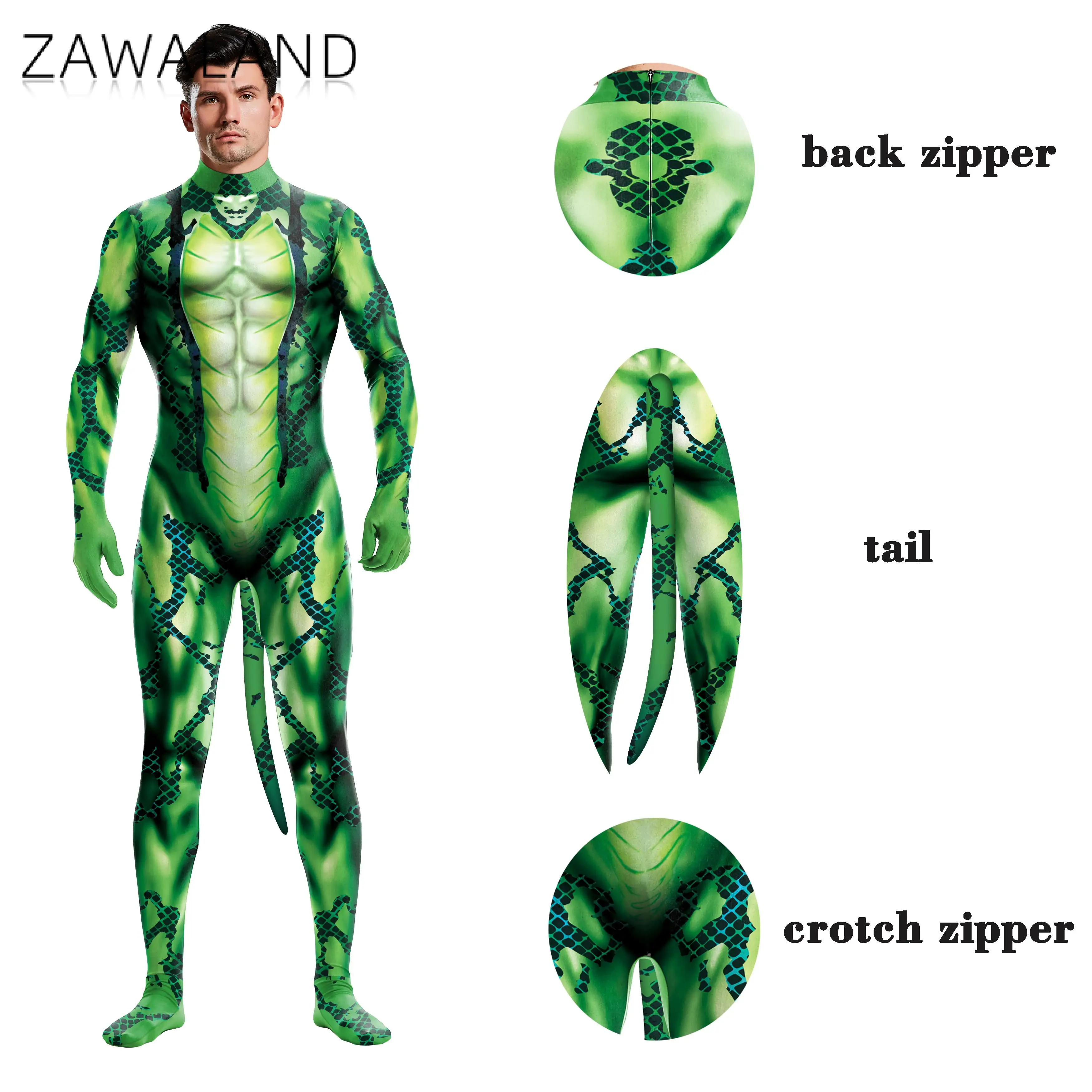 

Zawaland Adult Cosplay Snake 3D Print Long Sleeve Tight Zentai Zipper with Tail Sexy Slim Costume Spandex Bodysuit Muscle Suit