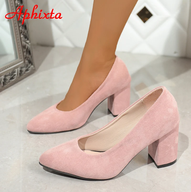Aphixta Women Chunky Heel Pumps Flock Fashion Pointed Toe Blue Pink Yellow Official Shoes Big Size 42