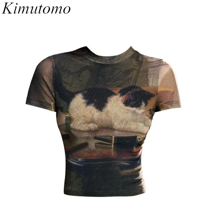 Kimutomo Y2k T Shirts Women Vintage Sexy Cartoon Cat Printed Short Sleeve Spring Summer Half High Collar Crop Tops Gothic Tshirt 1