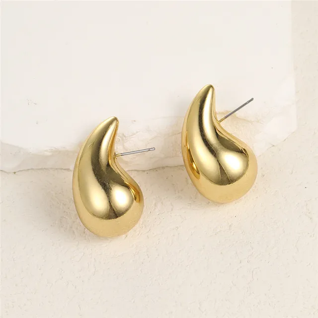 Vintage Gold Color Chunky Dome Drop Earrings for Women Glossy Stainless Steel Thick Teardrop Earrings Dupes Lightweight Hoops 3
