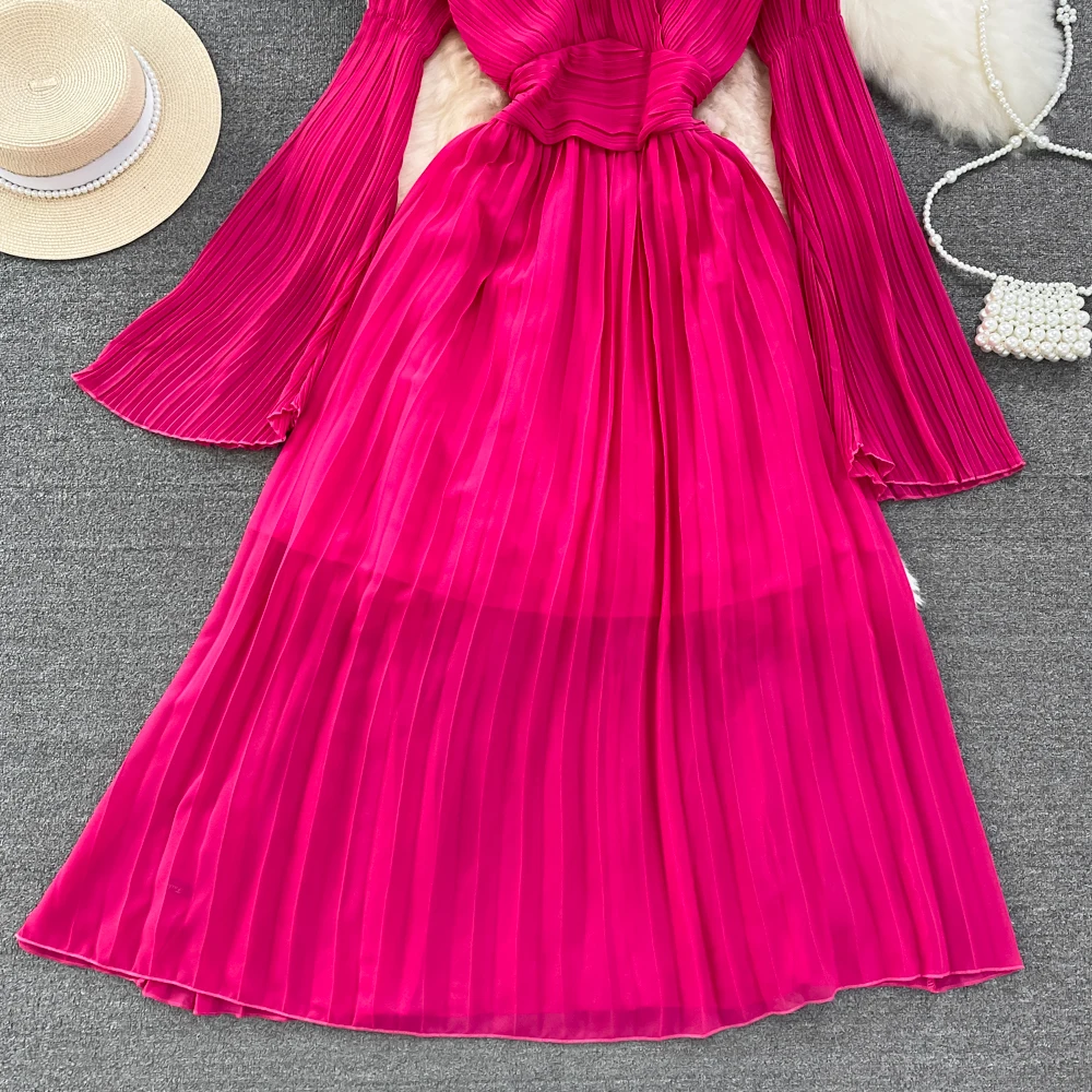 Autumn Flare Sleeve V-neck Midi Dresses for Women Solid Pleated A-line Elegant Party Dress Korean Fashion One Piece Vestidos New
