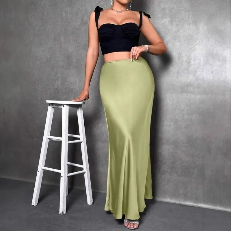 Women's Solid Satin Long Skirt Summer Elegant A-Line Maxi Skirts For Women Casual Office Lady Simple Skirts 3