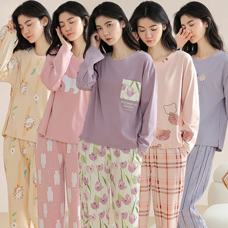 

2023 New Autumn Plus Size Long Sleeve 100% Cotton Print Pajama Sets for Women Korean Cute Sleepwear Pyjama Homewear Home Clothes