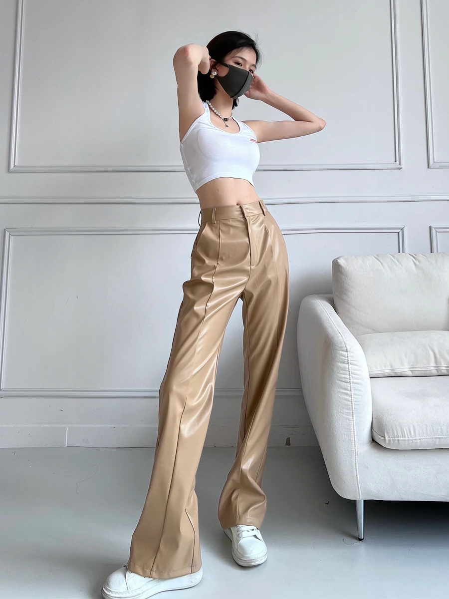 Vintage High Waist Leather Pants Women Fashion Streetwear Loose Straight Stacked Pants Spring Summer New