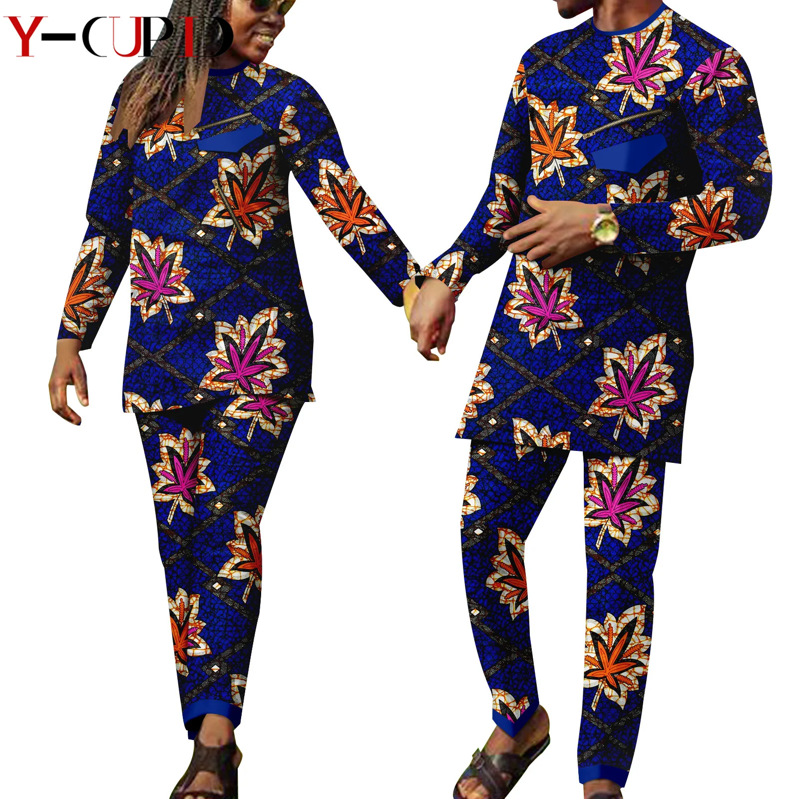 African Couple Clothes Dashiki Women Ankara Print Fake Pocket Zipped Top Tee and Pants 2 Pieces Sets Match Men Outfits Y22C035 modern design african traditional garments men s sets nigrian fashion fake two pieces tops with pants wedding groom suits