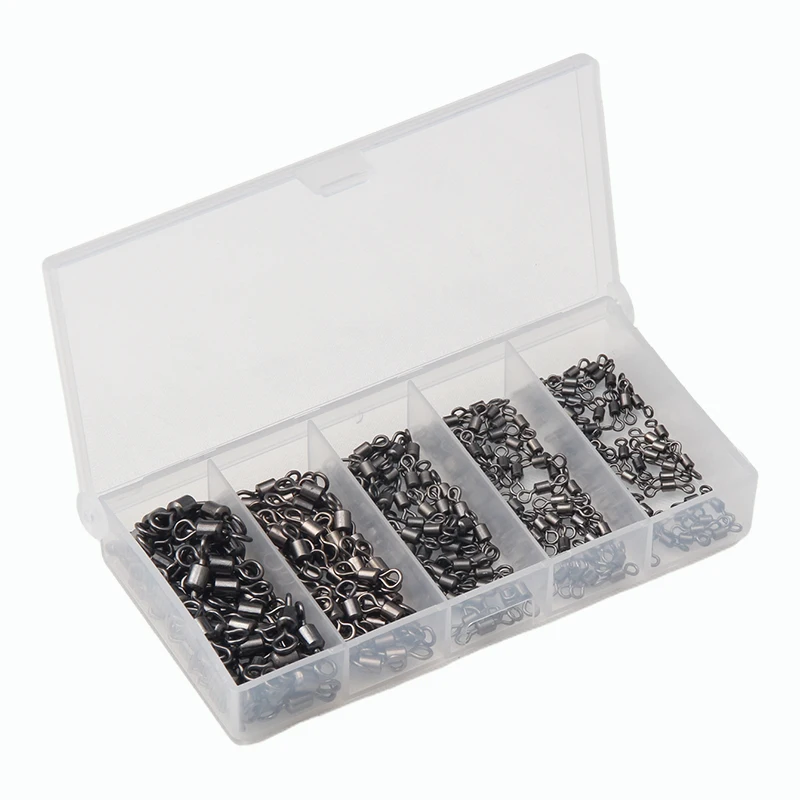 250PCS Box Fishing Swivels Ball Bearing Swivel with Safety Snap Solid Rings Rolling Swivel for Carp