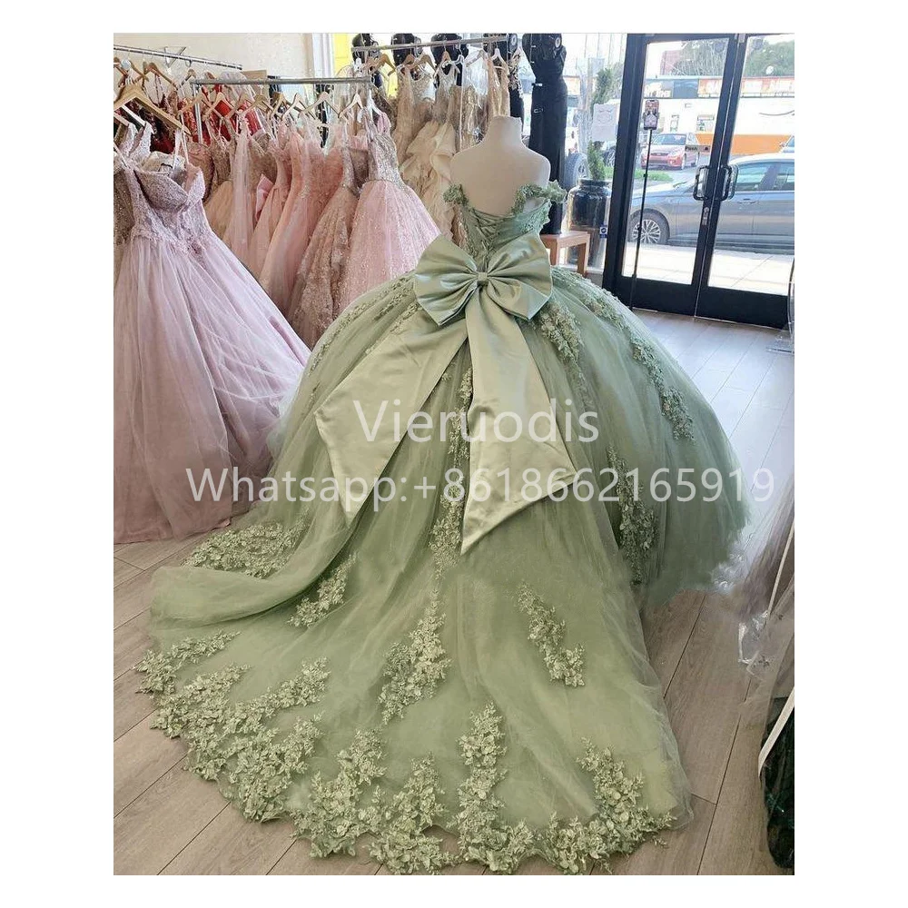 Sage Green Off The Shoulder Quinceanera Dresses Ball Gown Floral Appliques Lace Bow Back Corset For Sweet 15 Girls Party