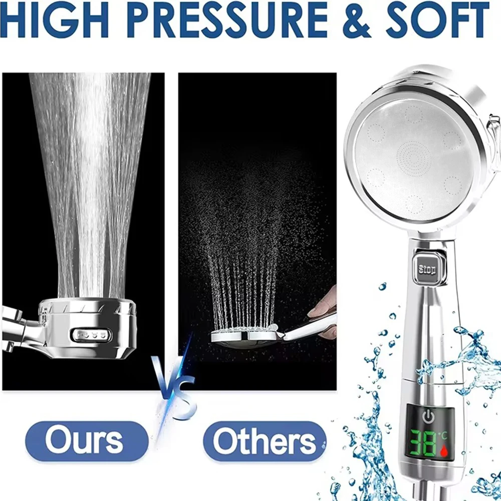 High Pressure Shower Head Water Saving 4 Mode Adjustable Pressurized Spa Handheld Spray Temperature Display Bathroom Accessories 2