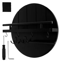 Decorative Wall - Mounted Wood Key Holder with Shelf and Hooks - Entryway Mail Organizer and Floating Shelf (Black)