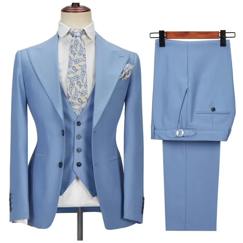 Navy Mens Suits 3 Pieces Side Slit Peaked Lapel Man Clothing Business Formal Wedding Groom Prom Dress Wear Blazer+Vest+Pants