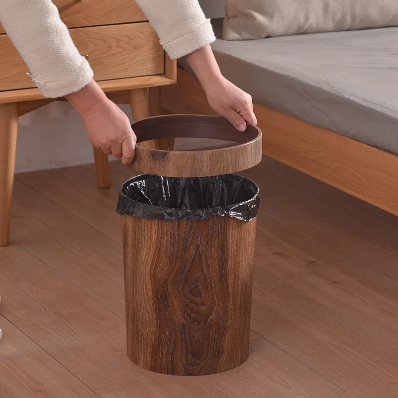 

Vintage round wood grain trash can Guest room trash can Hotel plastic trash can garbage bin