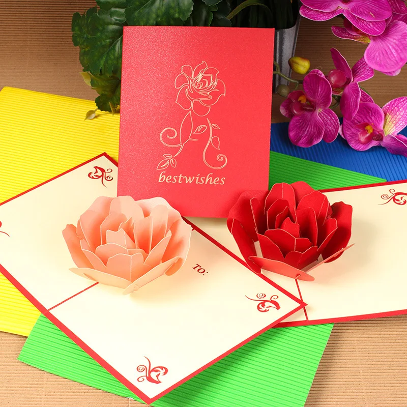 Red Rose Love Postcard 3D Pop UP Greeting Card Wedding Birthday Anniversary for Couples Wife Husband Special Valentines Day Gift