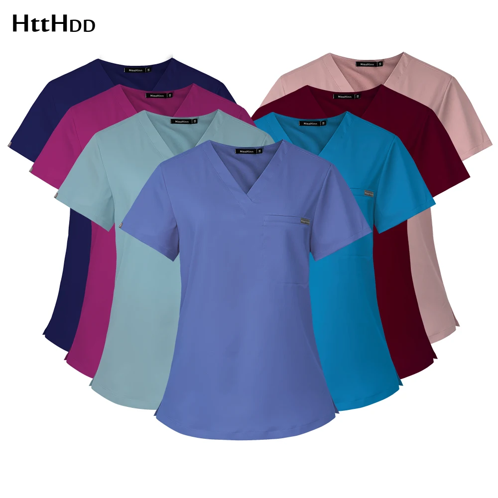 

Scrub Top for Women Men Elastic Breathable Nurse Uniform Unisex Nursing Doctor Work Surgical Gown High-quality Solid T-shirt New