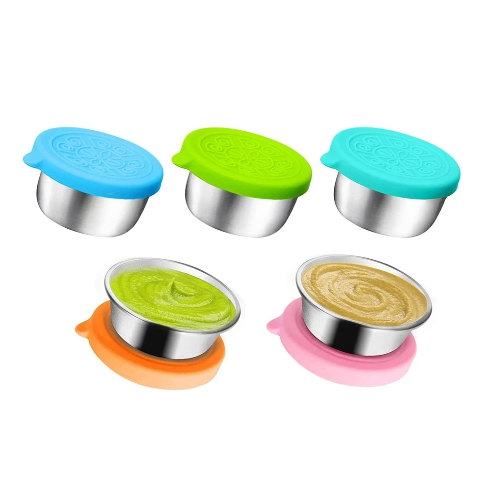 

5Pcs Salad Dressing Container 50 Ml, Small Stainless Steel Spice Container with Silicone Lid, Leak-Proof Dip Container