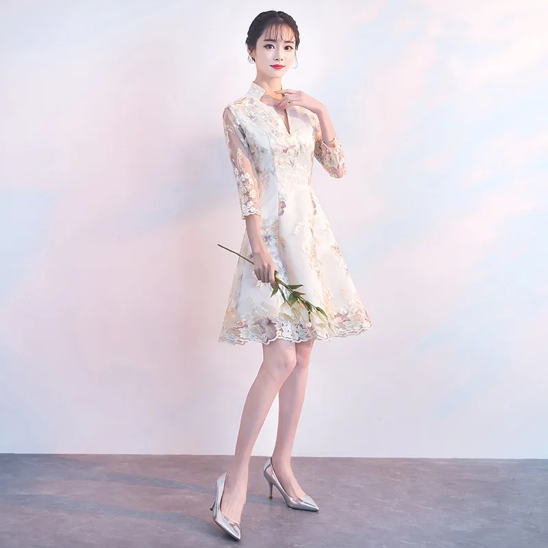 Novelty Lady Embroidery Flower Chinese Lace Dresses Elegant Mandarin Collar Qipao Short Skirt A-Line Wedding Party Gown