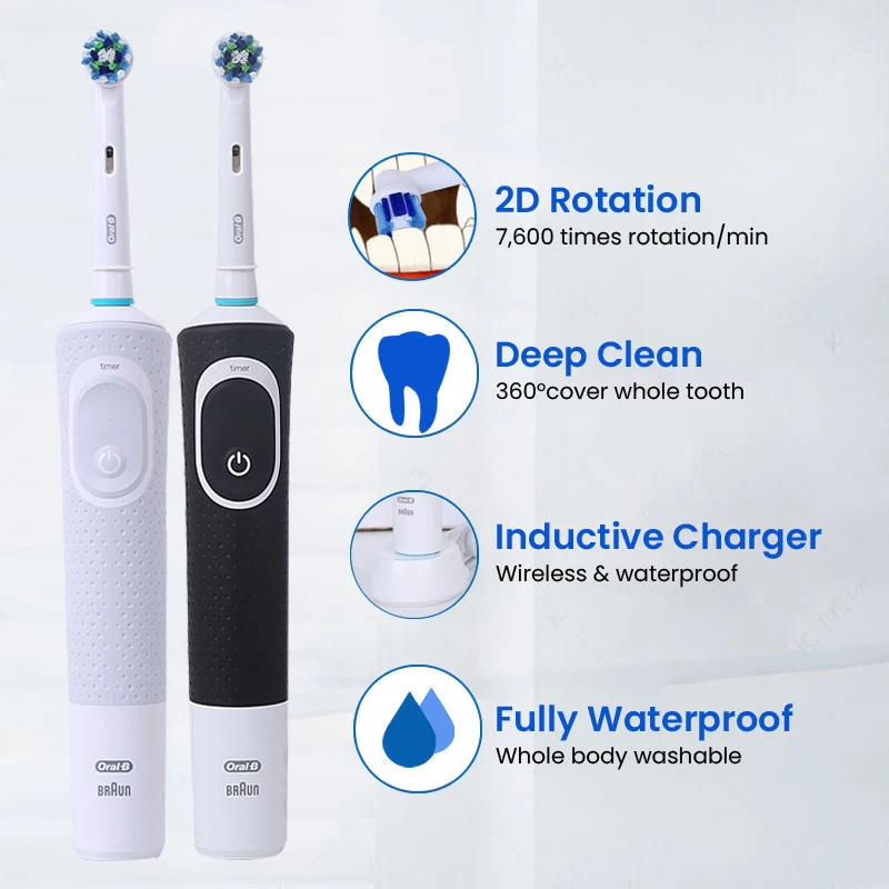 구강 B D100 전동 칫솔, 2D 활력 회전 칫솔, 2 분 타이머, 7,600RPM 방수, 4 개 선물, 50A 브러시 헤드